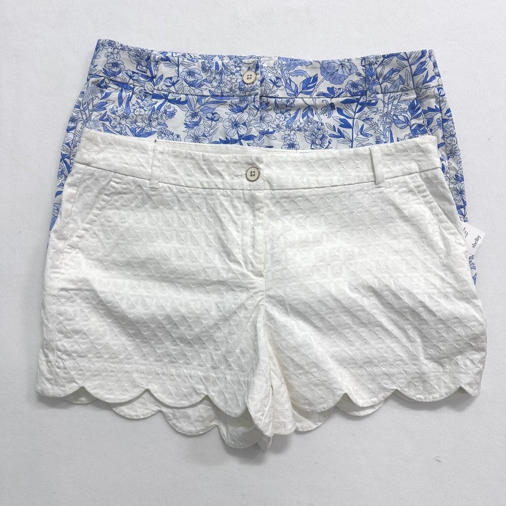 Crown & Ivy Women Sz 16 Shelby Shorts White Blue Scallop Preppy Coastal Bundle